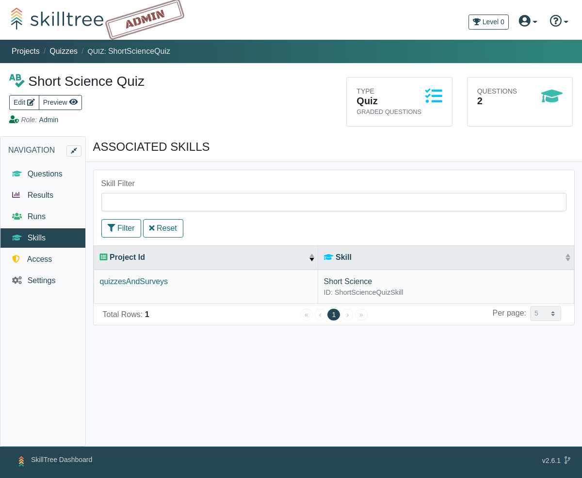 Quiz Skills Page Screenshot