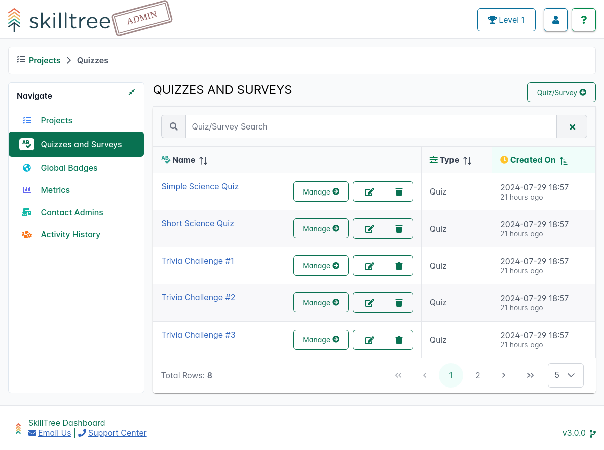 Quizzes and Surveys Page Screenshot