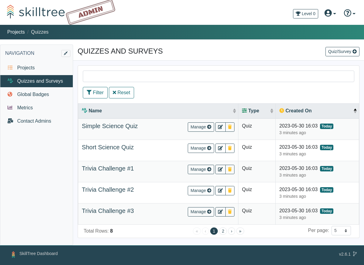 Quizzes and Surveys Page Screenshot