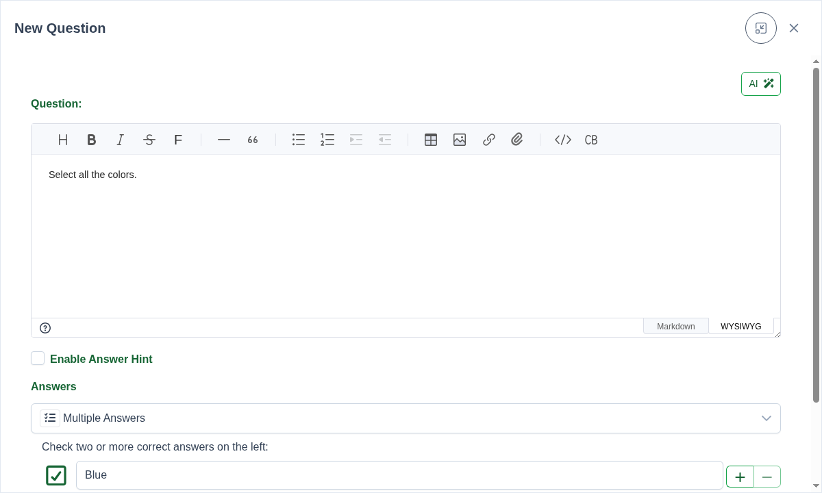 New Questions Modal Screenshot