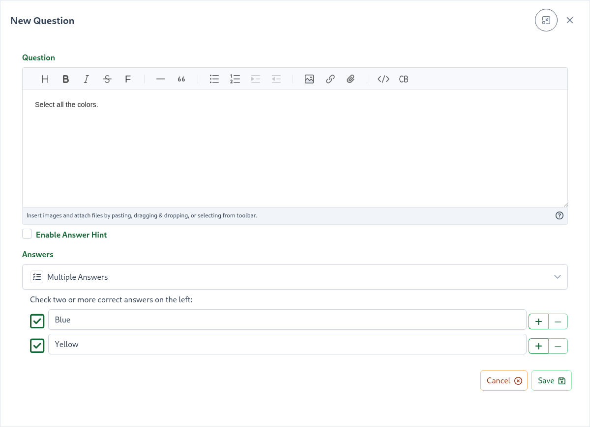 New Questions Modal Screenshot