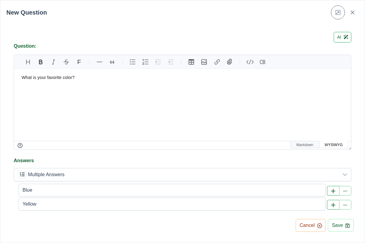 New Questions Modal Screenshot