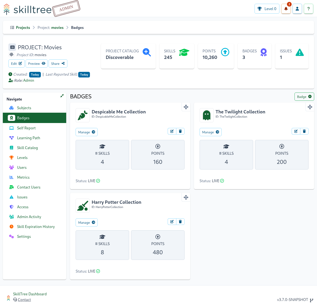 SkillsTree Dashboard Badges