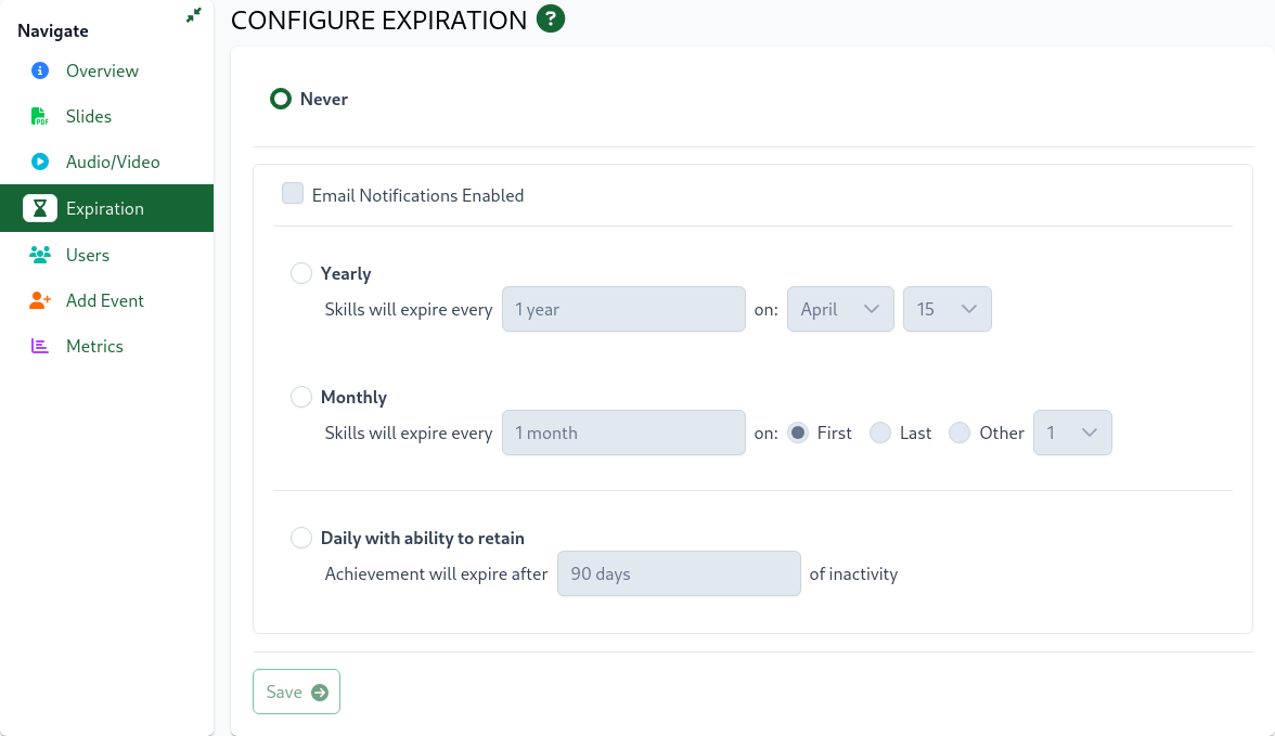 Expiration Config Page