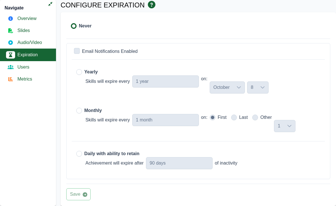 Expiration Config Page