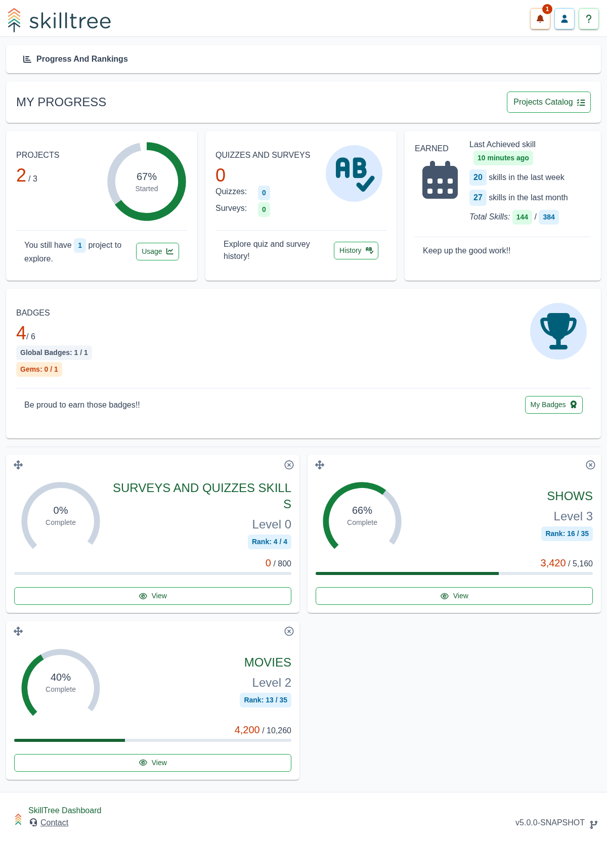 SkillTree Dashboard Progress And Ranking