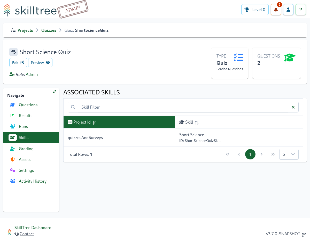 Quiz Skills Page Screenshot