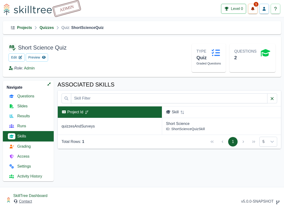 Quiz Skills Page Screenshot
