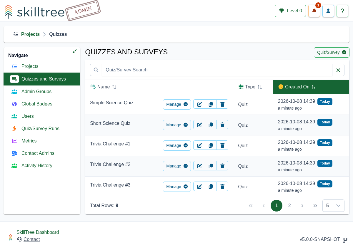Quizzes and Surveys Page Screenshot