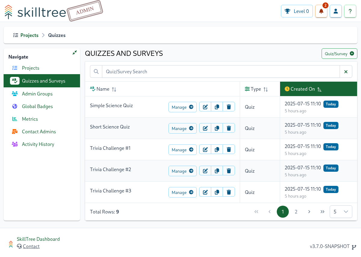 Quizzes and Surveys Page Screenshot
