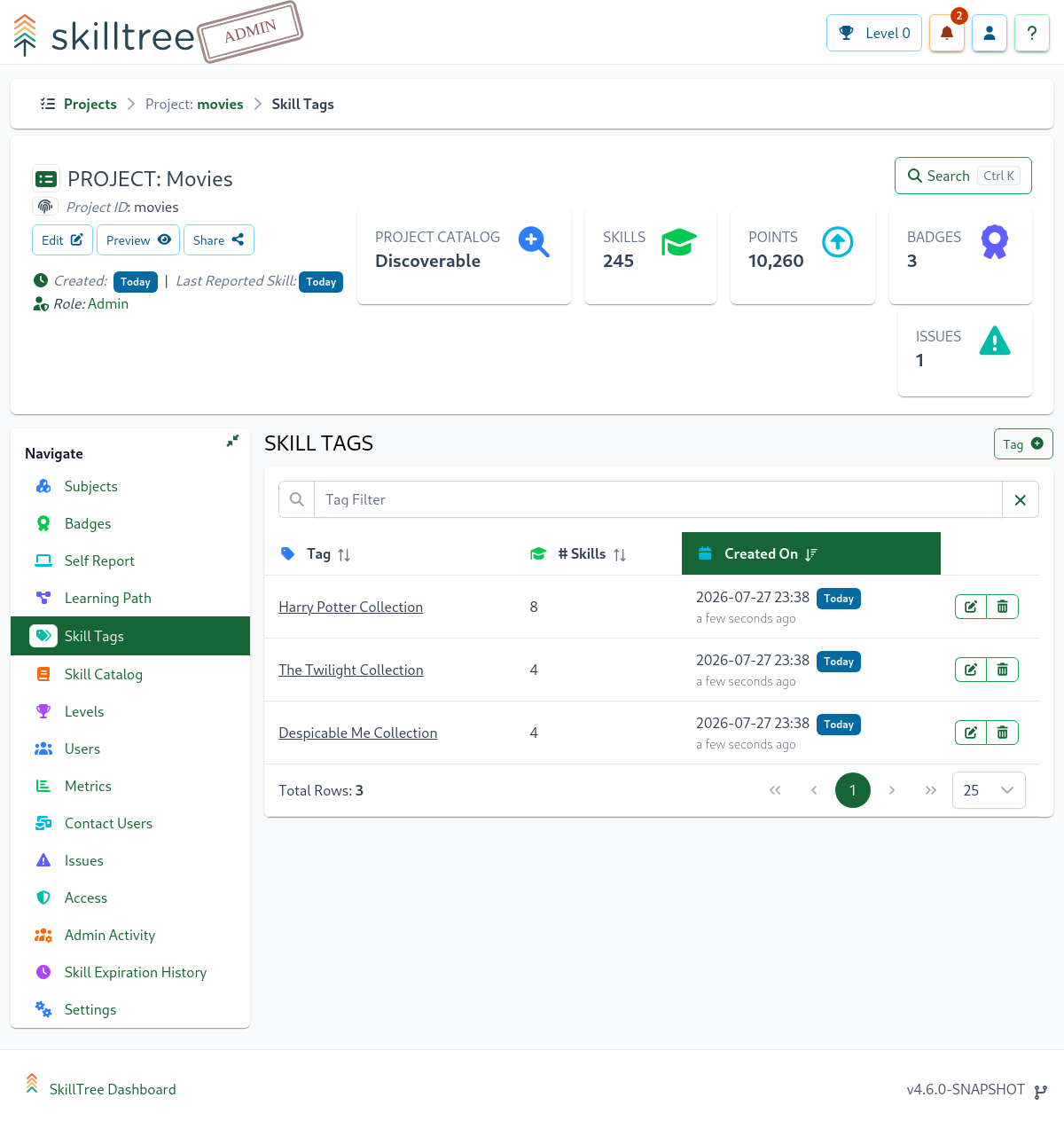 Skill Tags Management Page
