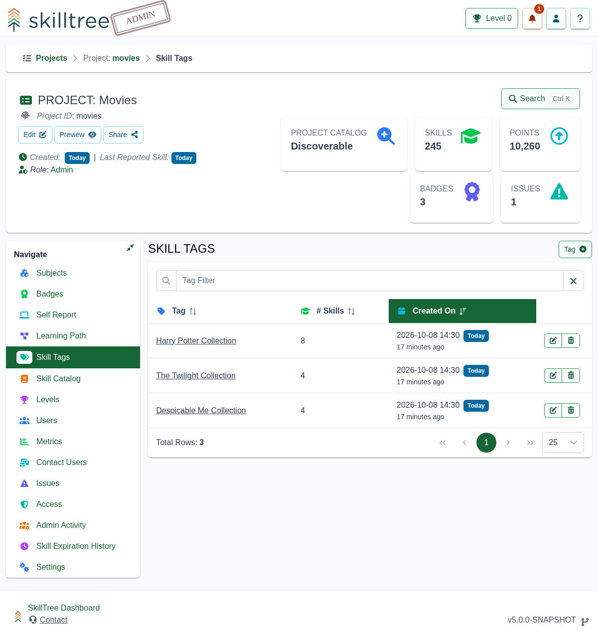 Skill Tags Management Page