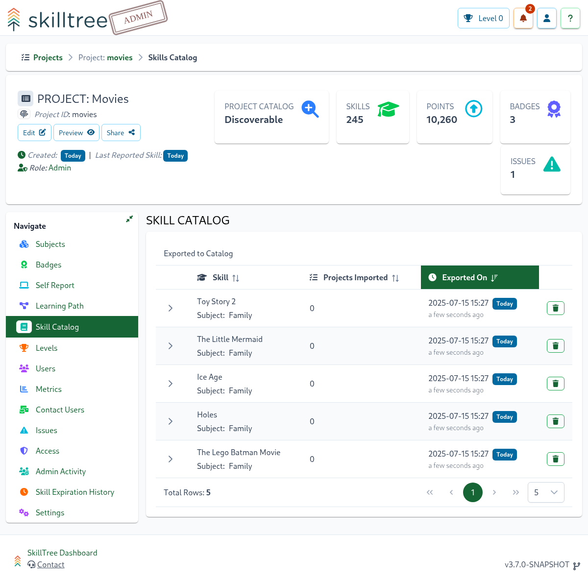 Skills exported to Catalog